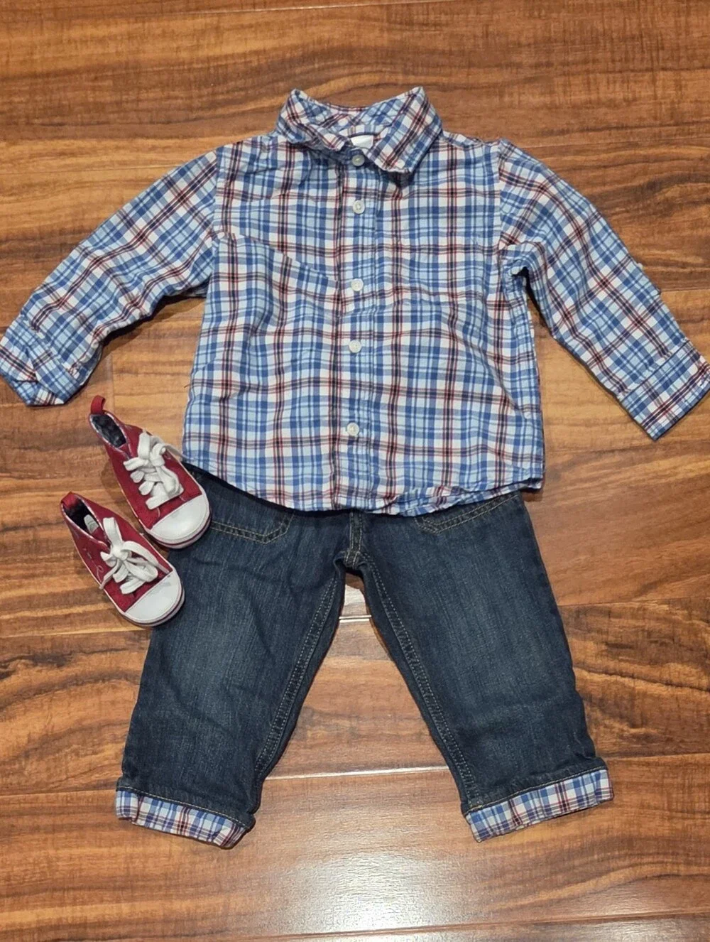 Gymboree NWT/EUC 18-24 Red/Blue Plaid Button Down Shirt, Jeans & Airplane Shoes